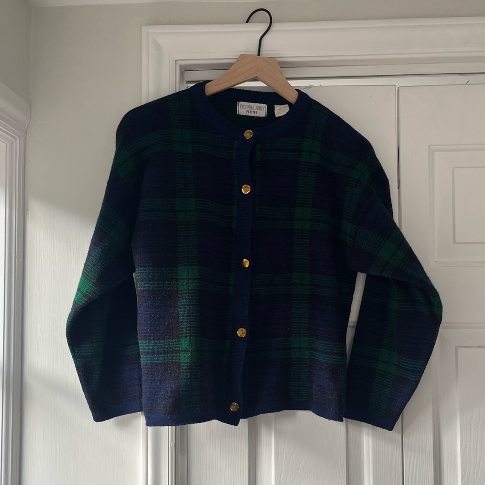 Vintage-Victoria Jones Woman Plaid Cardigan - Navy and Green